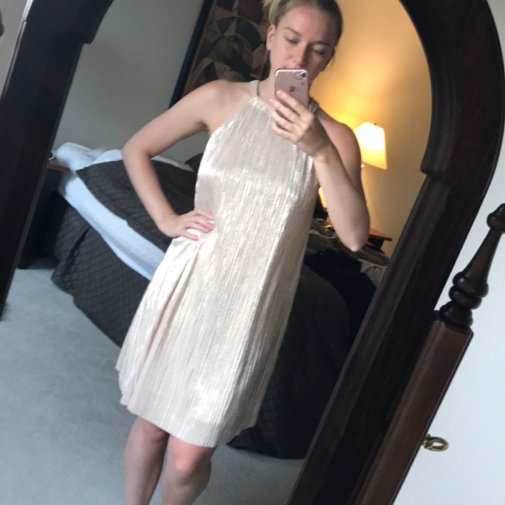 Gold sparkly halter strap shift formal dress